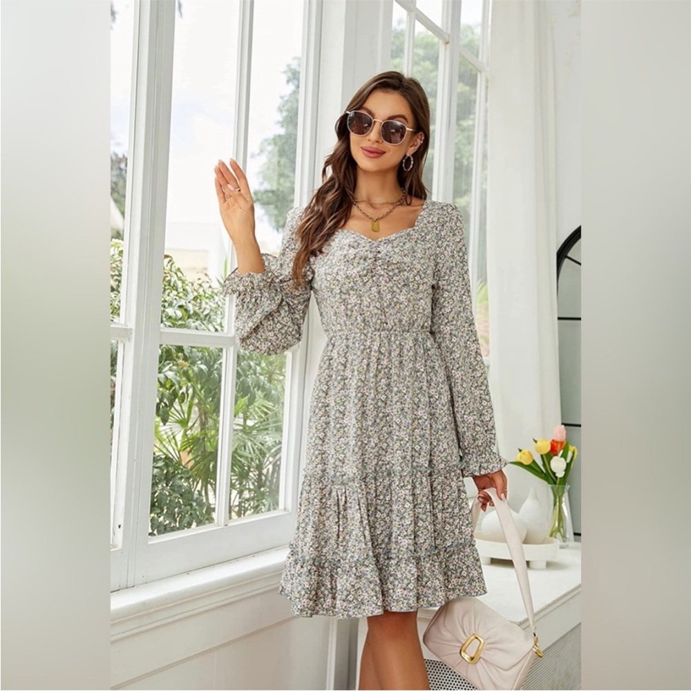 Lashbair Green Floral Long Sleeve Midi Dress Cottagecore Boho Prairie Size Large